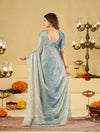Sky Blue Fendy Satin Saree with White Floral Embroidery Border | Designer Party Wear Saree with Blouse