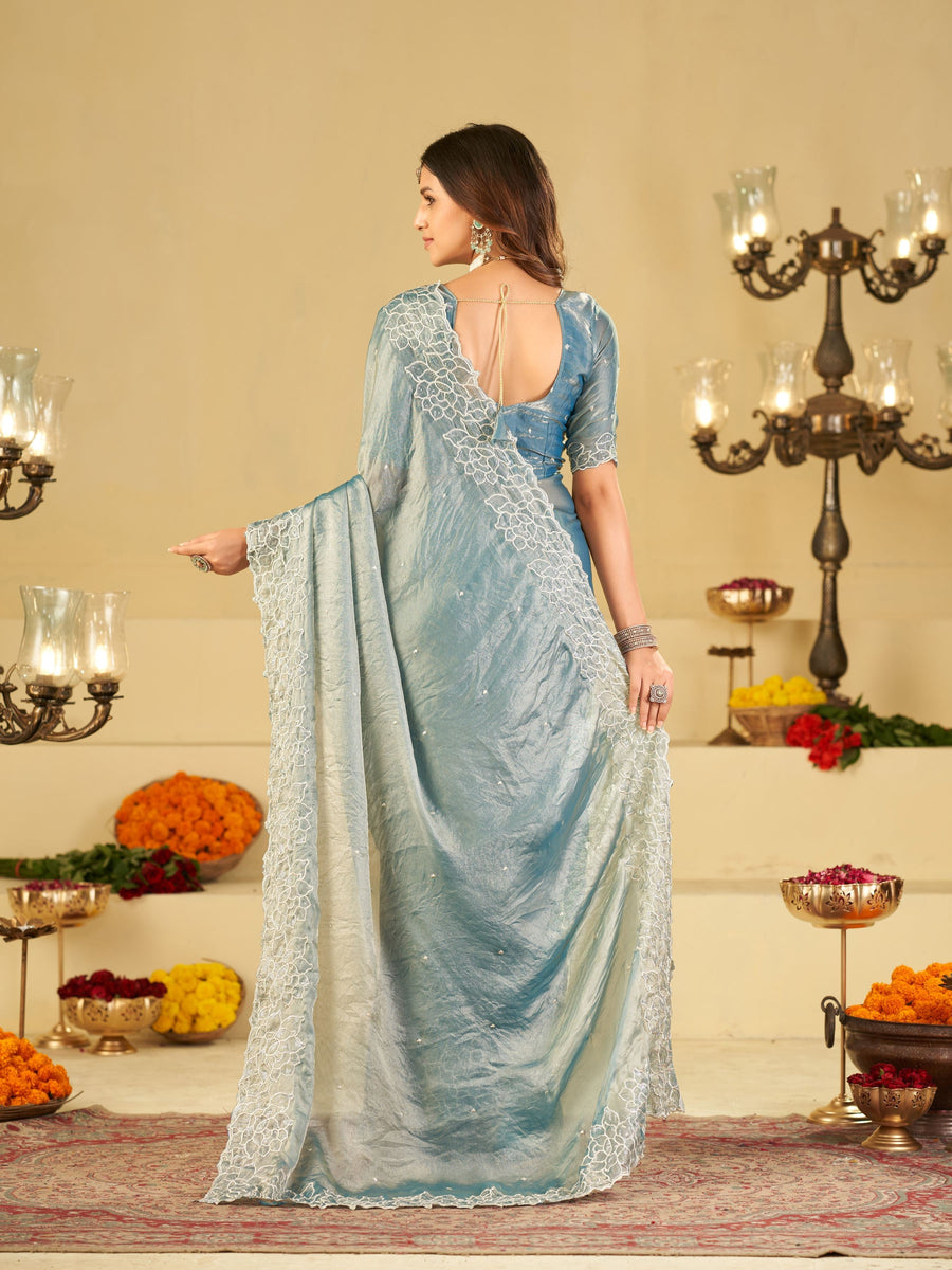 Sky Blue Fendy Satin Saree with White Floral Embroidery Border | Designer Party Wear Saree with Blouse