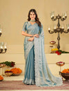 Sky Blue Fendy Satin Saree with White Floral Embroidery Border | Designer Party Wear Saree with Blouse
