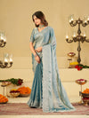 Sky Blue Fendy Satin Saree with White Floral Embroidery Border | Designer Party Wear Saree with Blouse