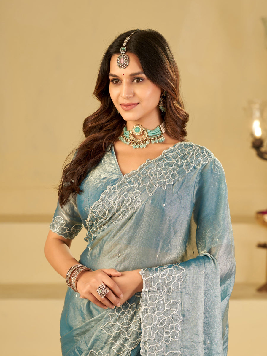 Sky Blue Fendy Satin Saree with White Floral Embroidery Border | Designer Party Wear Saree with Blouse