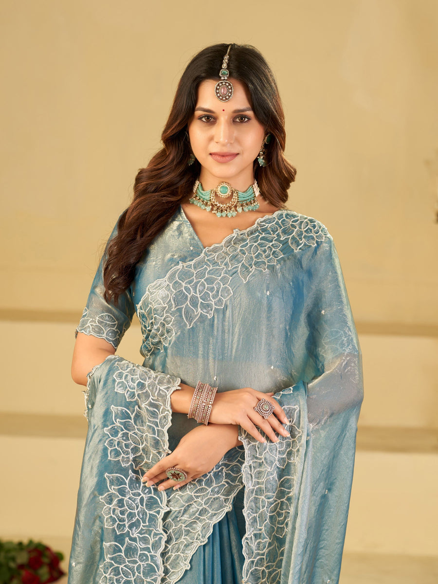 Sky Blue Fendy Satin Saree with White Floral Embroidery Border | Designer Party Wear Saree with Blouse