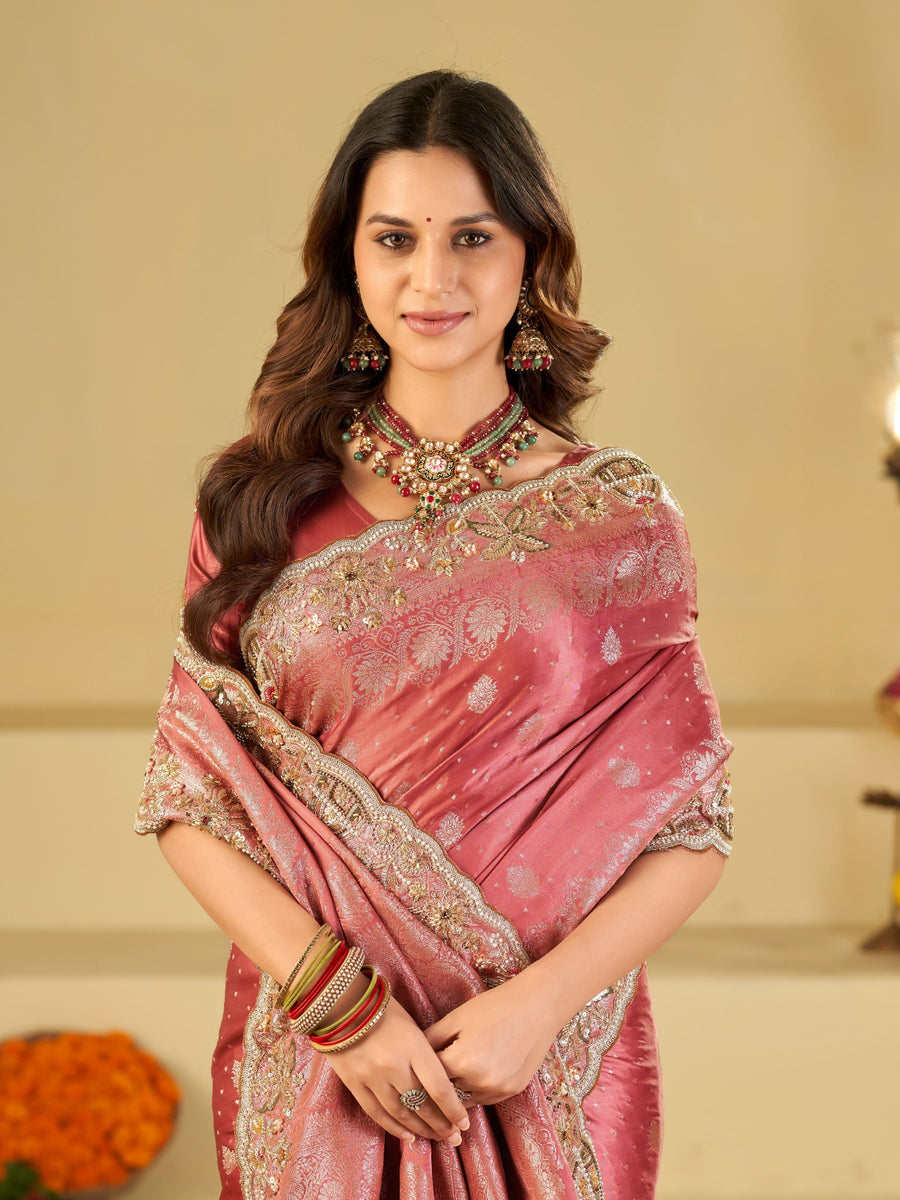 Rose Pink Banarasi Silk Saree with Heavy Embroidered Border & Rich Zari Woven Pallu | Designer Wedding Festive Saree