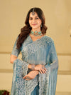 Sky Blue Fendy Satin Saree with White Floral Embroidery Border | Designer Party Wear Saree with Blouse