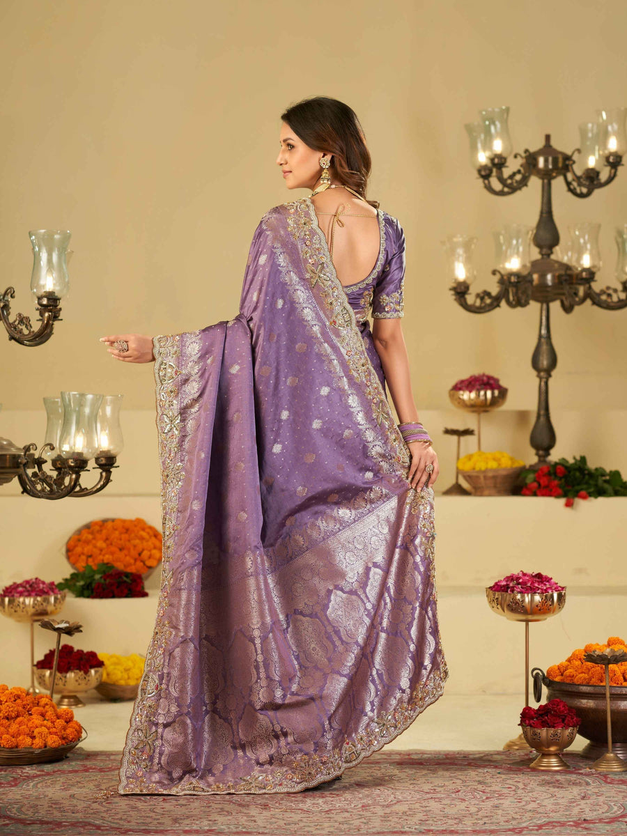 Lavender Banarasi Silk Saree with Heavy Embroidered Border & Rich Zari Woven Pallu | Designer Festive Wedding Saree