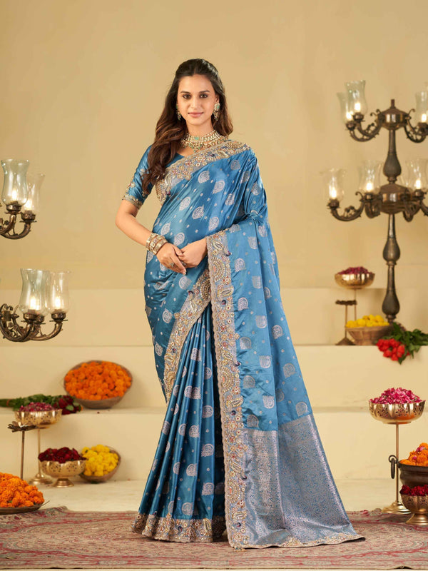 Sky Blue Banarasi Silk Saree with Heavy Embroidered Border & Rich Zari Woven Pallu | Designer Wedding Festive Saree