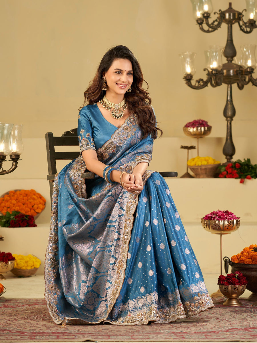 Royal Blue Banarasi Silk Saree with Heavy Embroidered Border & Rich Zari Woven Pallu | Designer Wedding Festive Saree