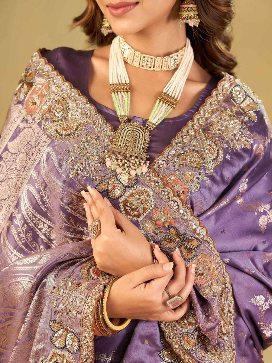 Lavender Purple Banarasi Silk Saree with Heavy Embroidered Border & Rich Zari Woven Pallu | Designer Festive Wedding Saree