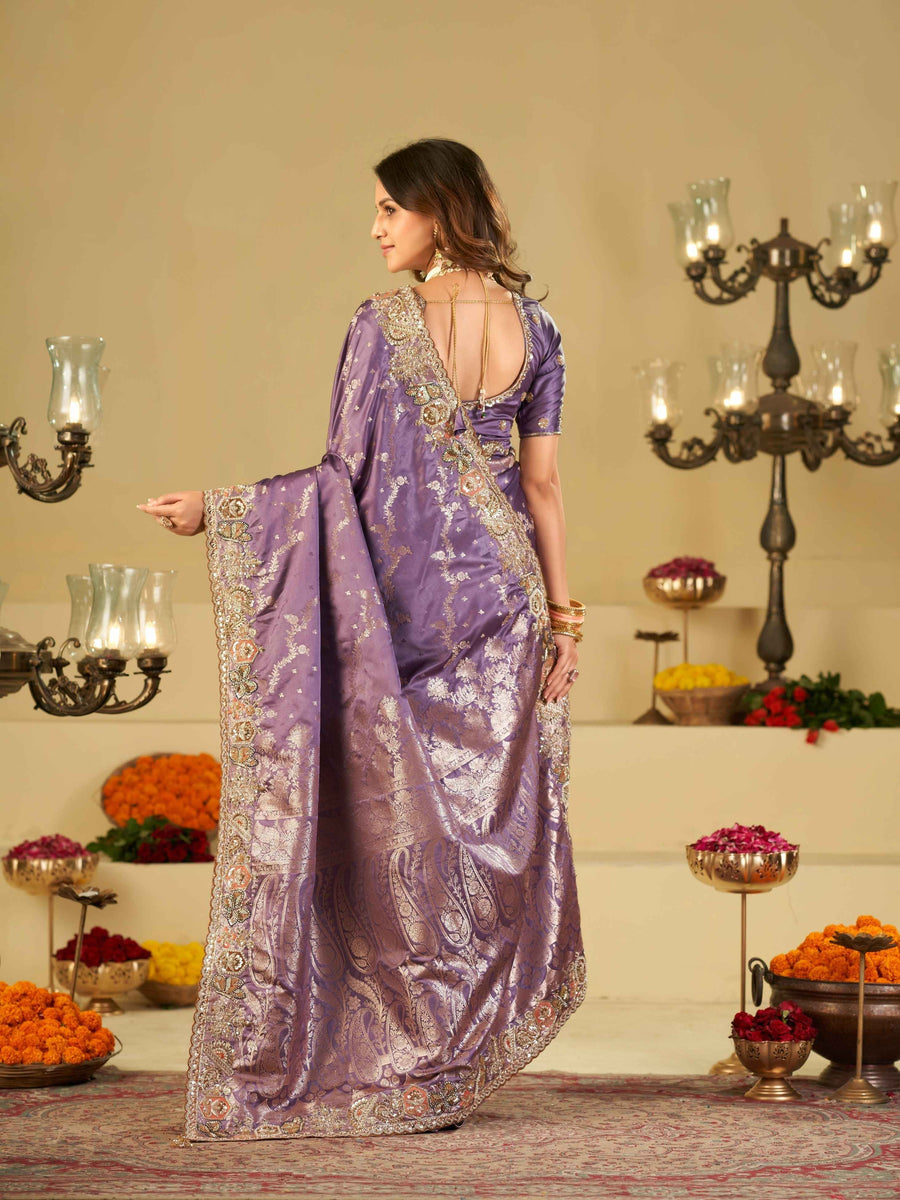 Lavender Purple Banarasi Silk Saree with Heavy Embroidered Border & Rich Zari Woven Pallu | Designer Festive Wedding Saree