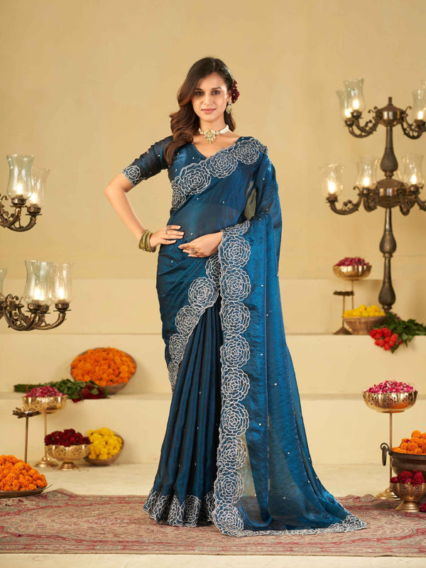 Royal Blue Fendy Satin Saree with White Floral Embroidery Border | Designer Party Wear Saree with Blouse
