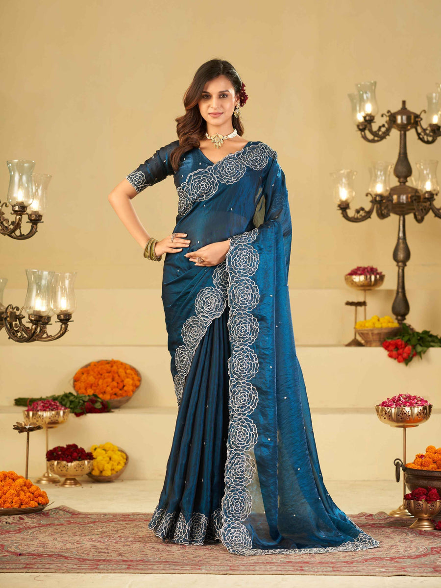 Royal Blue Fendy Satin Saree with White Floral Embroidery Border | Designer Party Wear Saree with Blouse