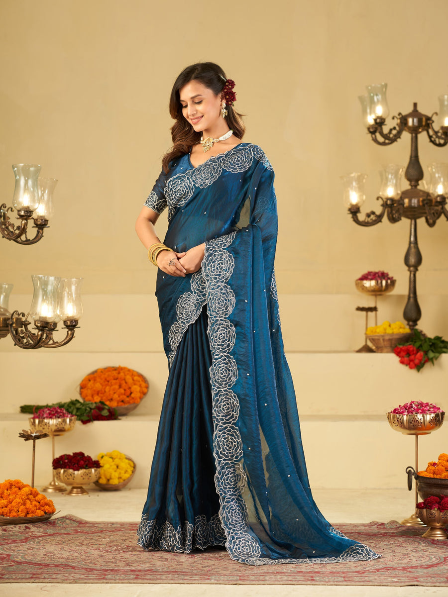 Royal Blue Fendy Satin Saree with White Floral Embroidery Border | Designer Party Wear Saree with Blouse