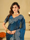 Royal Blue Fendy Satin Saree with White Floral Embroidery Border | Designer Party Wear Saree with Blouse