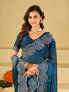 Royal Blue Fendy Satin Saree with White Floral Embroidery Border | Designer Party Wear Saree with Blouse