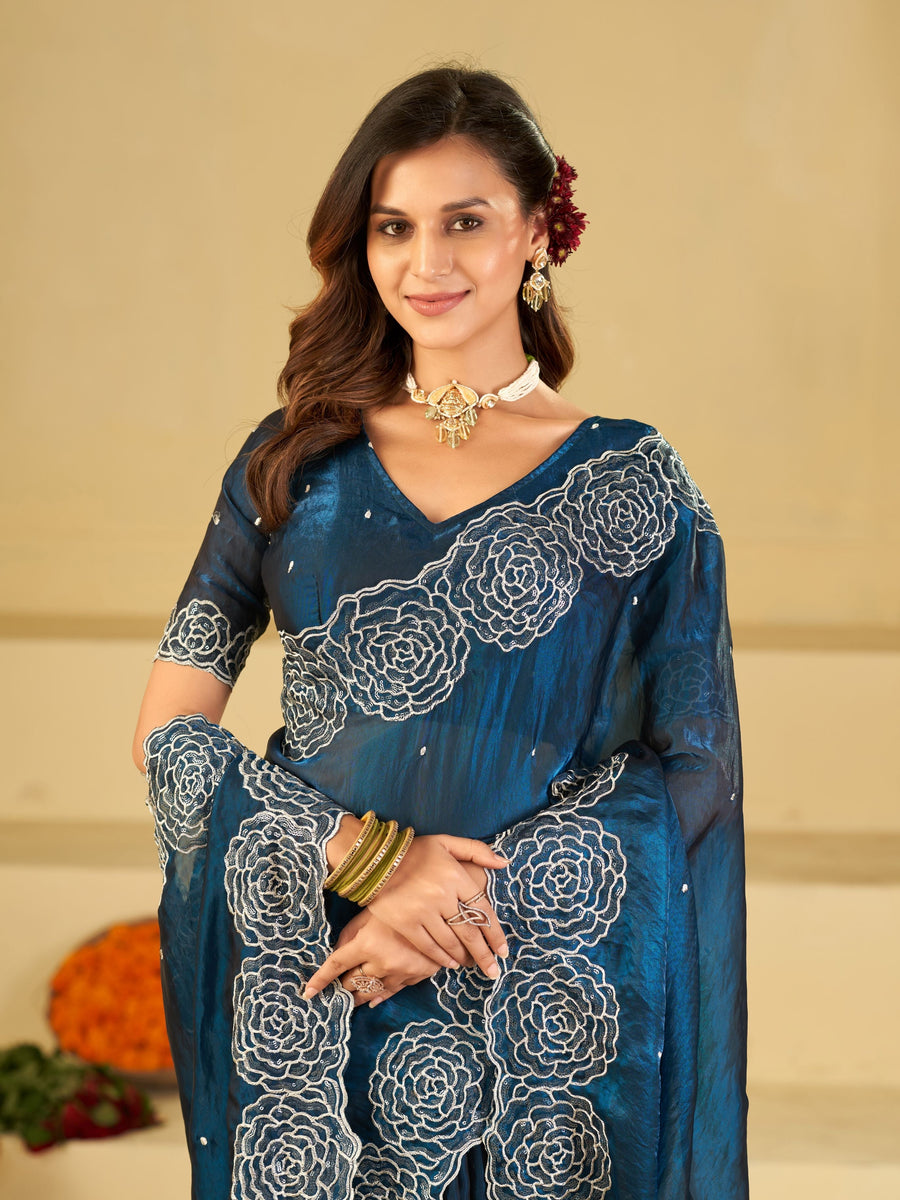 Royal Blue Fendy Satin Saree with White Floral Embroidery Border | Designer Party Wear Saree with Blouse