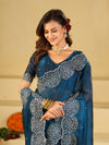 Royal Blue Fendy Satin Saree with White Floral Embroidery Border | Designer Party Wear Saree with Blouse