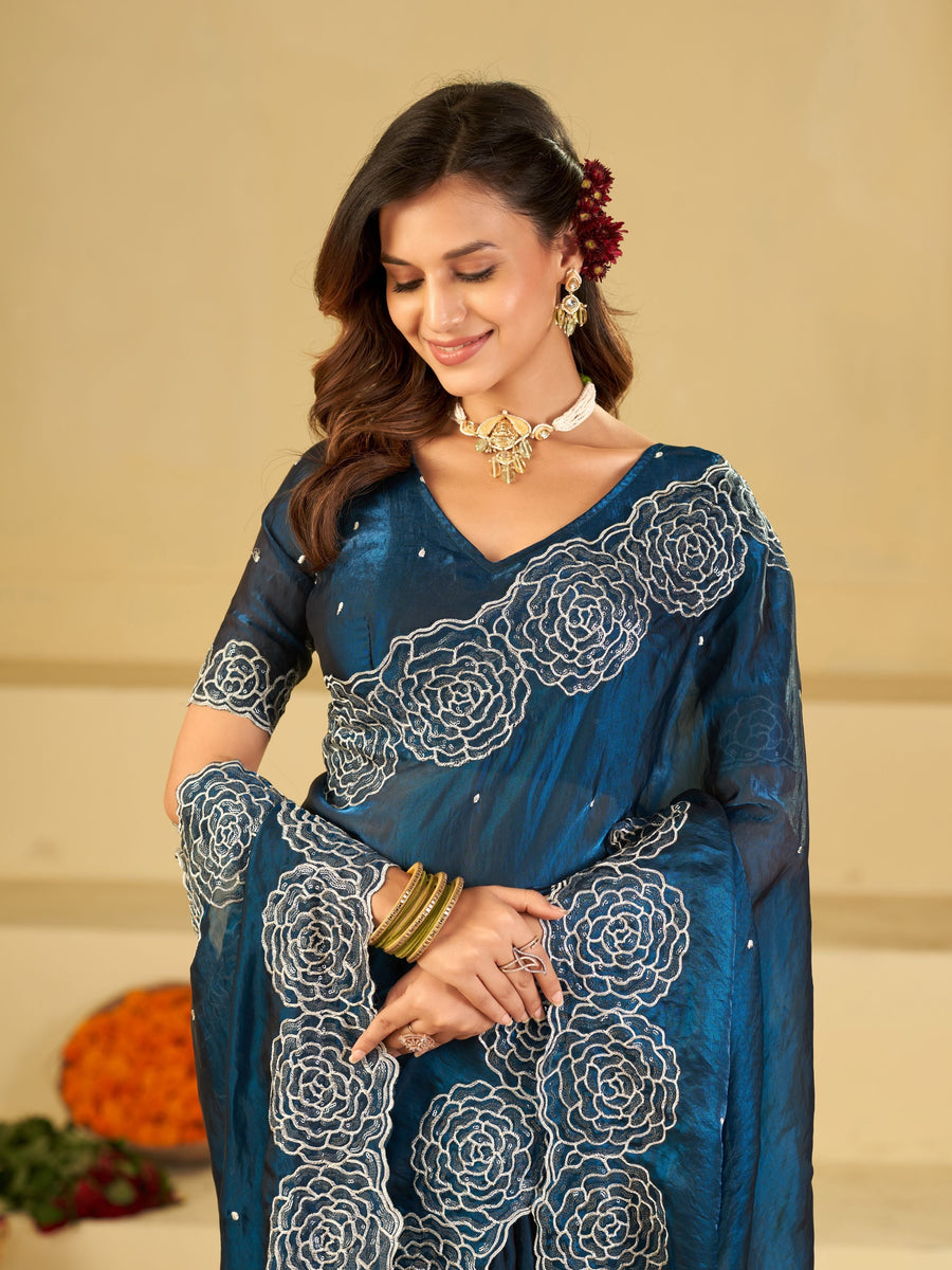 Royal Blue Fendy Satin Saree with White Floral Embroidery Border | Designer Party Wear Saree with Blouse