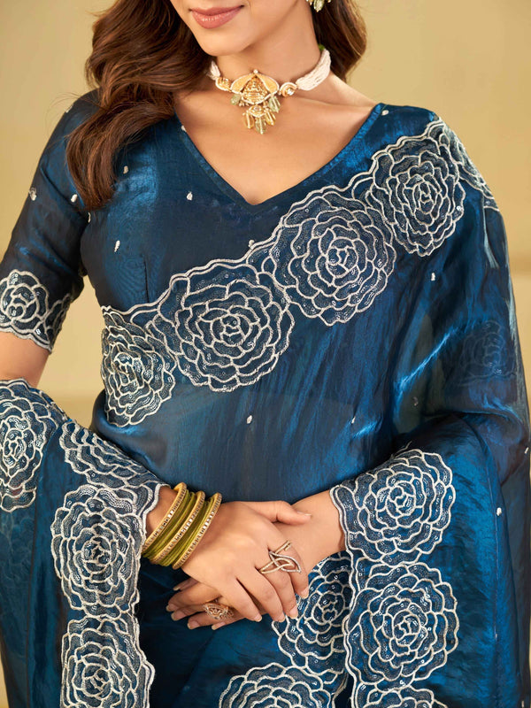 Royal Blue Fendy Satin Saree with White Floral Embroidery Border | Designer Party Wear Saree with Blouse