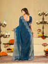 Royal Blue Fendy Satin Saree with White Floral Embroidery Border | Designer Party Wear Saree with Blouse