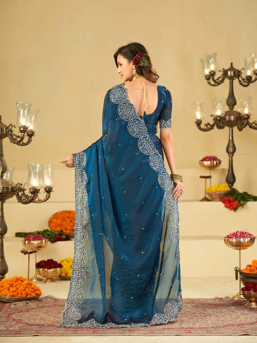Royal Blue Fendy Satin Saree with White Floral Embroidery Border | Designer Party Wear Saree with Blouse