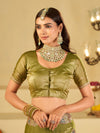 Olive Green Designer Fendy Satin Saree with Heavy Embroidered Border | Festive Party Wear Saree with Intricate Embroidery & Matching Blouse