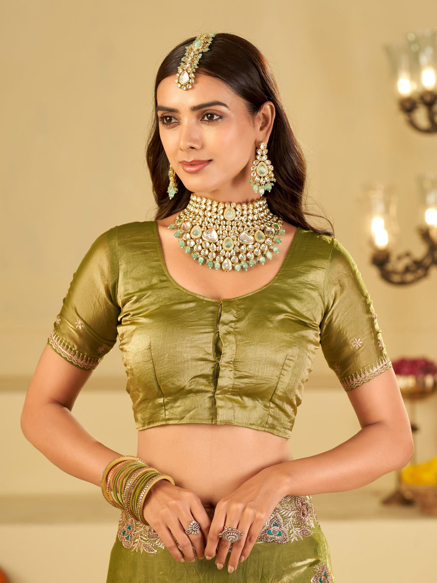 Olive Green Designer Fendy Satin Saree with Heavy Embroidered Border | Festive Party Wear Saree with Intricate Embroidery & Matching Blouse