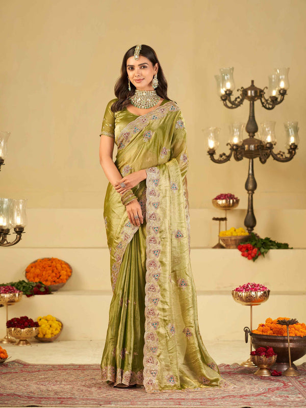 Olive Green Designer Fendy Satin Saree with Heavy Embroidered Border | Festive Party Wear Saree with Intricate Embroidery & Matching Blouse