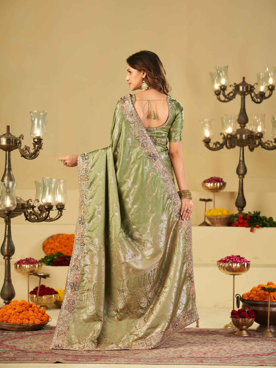 Olive Green Banarasi Silk Saree with Heavy Embroidered Border & Rich Zari Woven Pallu | Designer Wedding & Festive Saree
