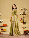 Olive Green Designer Fendy Satin Saree with Heavy Embroidered Border | Festive Party Wear Saree with Intricate Embroidery & Matching Blouse