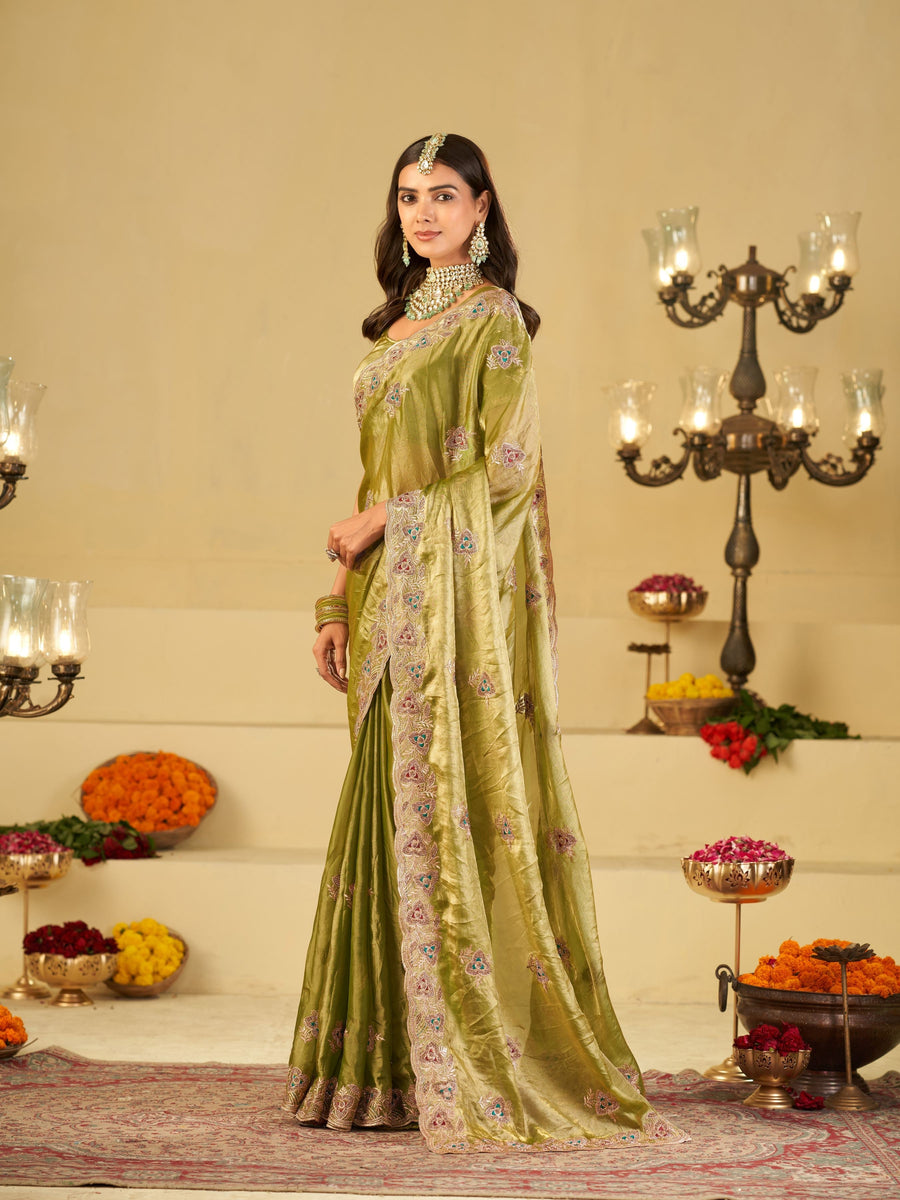 Olive Green Designer Fendy Satin Saree with Heavy Embroidered Border | Festive Party Wear Saree with Intricate Embroidery & Matching Blouse