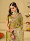Olive Green Designer Fendy Satin Saree with Heavy Embroidered Border | Festive Party Wear Saree with Intricate Embroidery & Matching Blouse