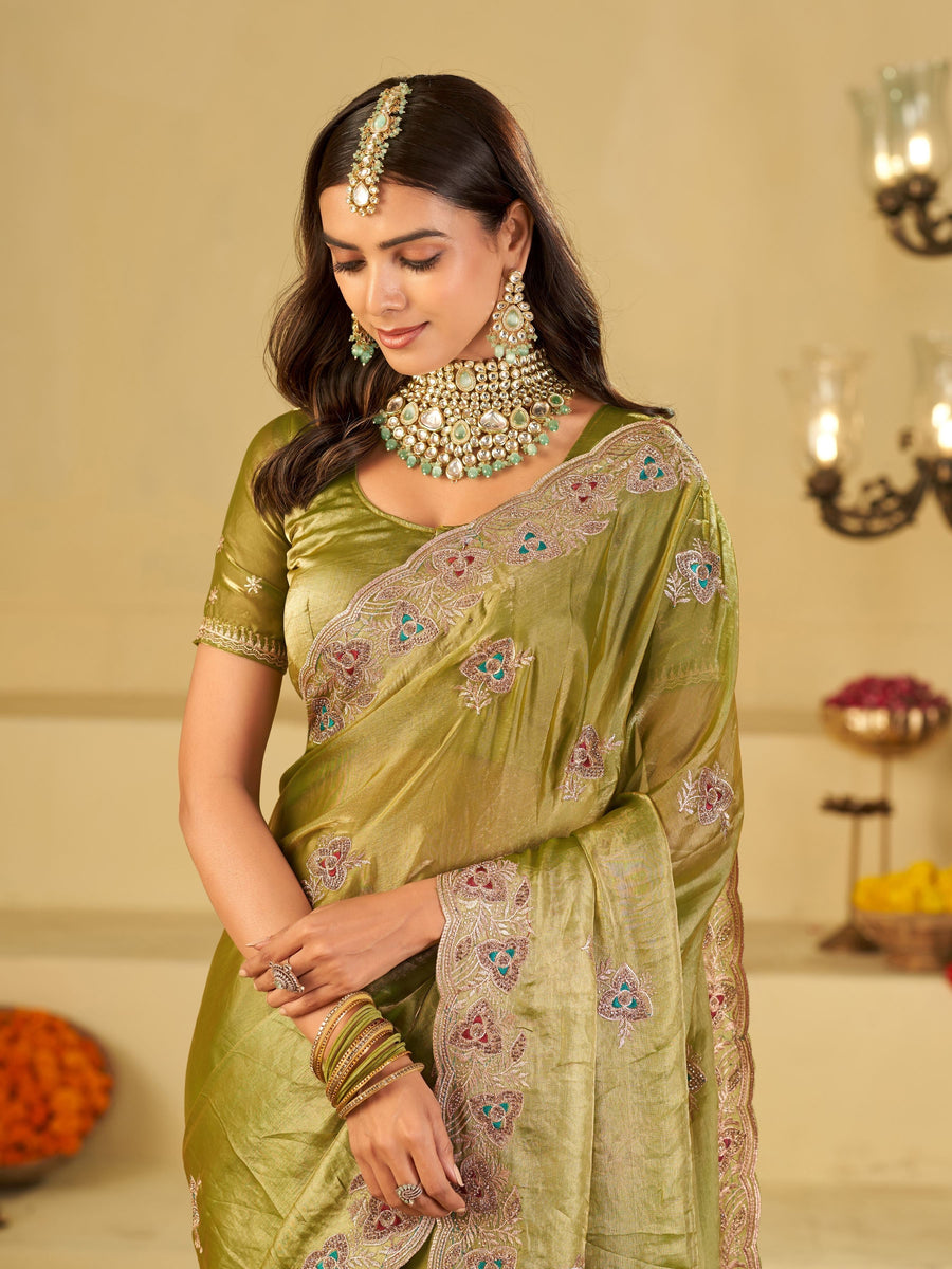 Olive Green Designer Fendy Satin Saree with Heavy Embroidered Border | Festive Party Wear Saree with Intricate Embroidery & Matching Blouse