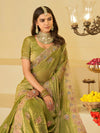 Olive Green Designer Fendy Satin Saree with Heavy Embroidered Border | Festive Party Wear Saree with Intricate Embroidery & Matching Blouse