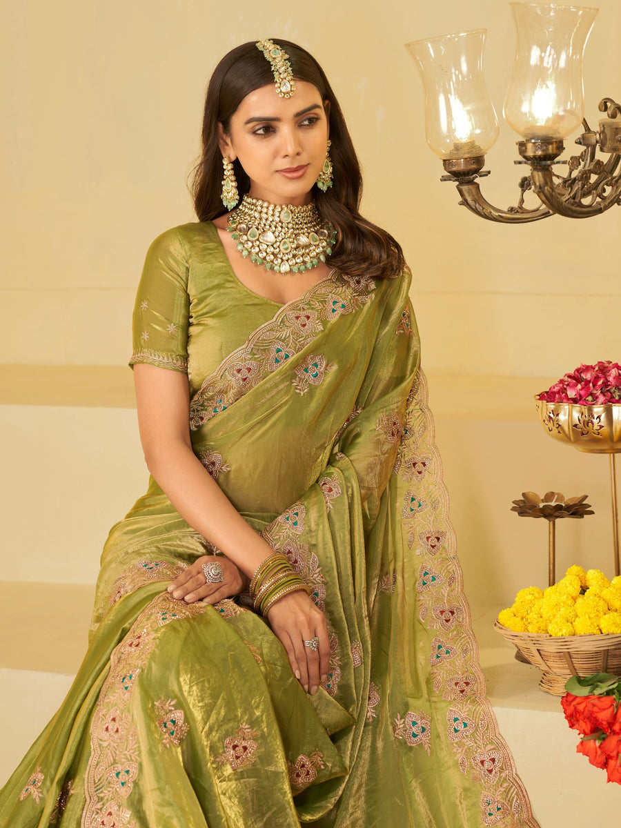 Olive Green Designer Fendy Satin Saree with Heavy Embroidered Border | Festive Party Wear Saree with Intricate Embroidery & Matching Blouse