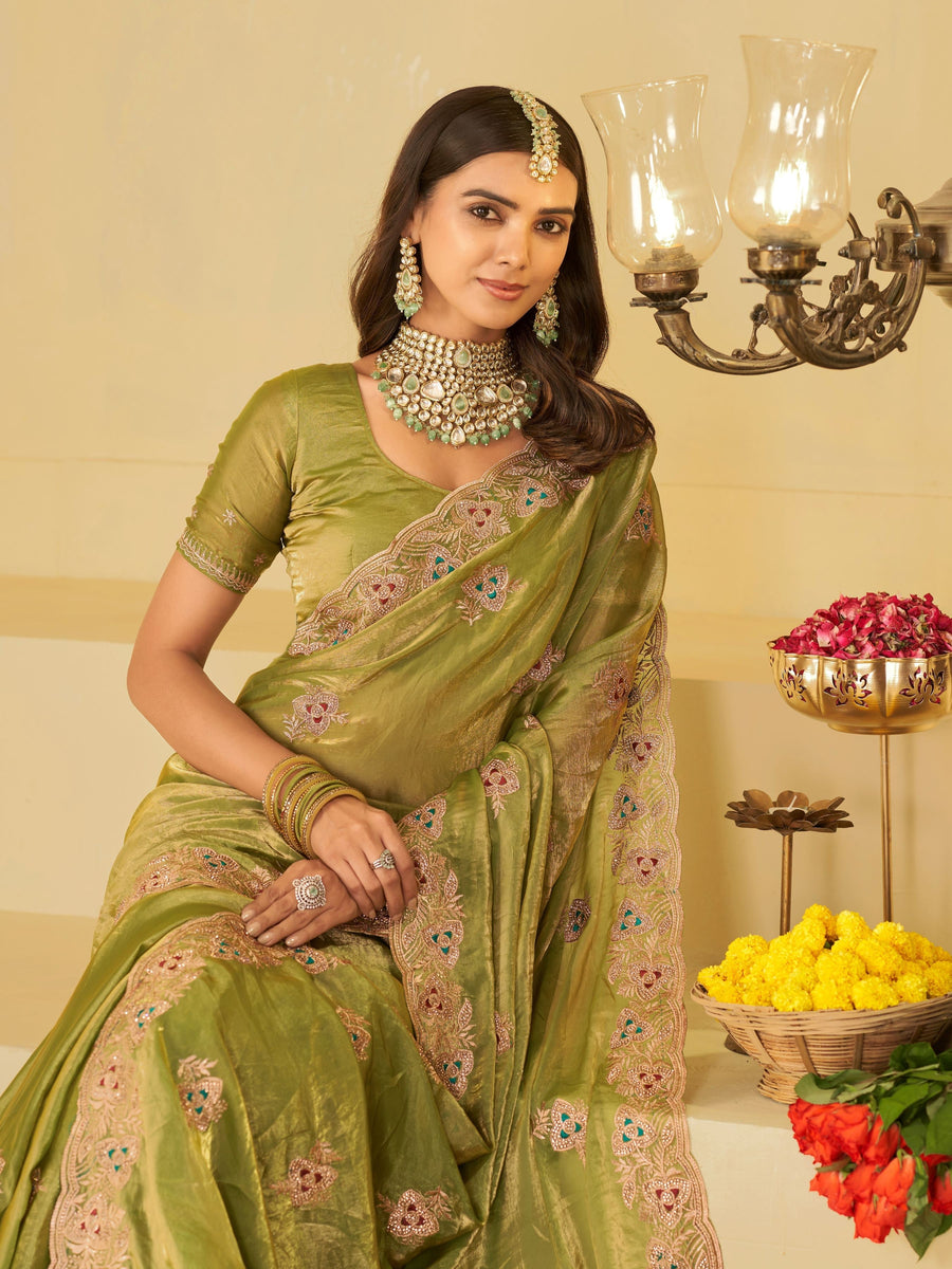 Olive Green Designer Fendy Satin Saree with Heavy Embroidered Border | Festive Party Wear Saree with Intricate Embroidery & Matching Blouse