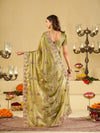 Olive Green Designer Fendy Satin Saree with Heavy Embroidered Border | Festive Party Wear Saree with Intricate Embroidery & Matching Blouse