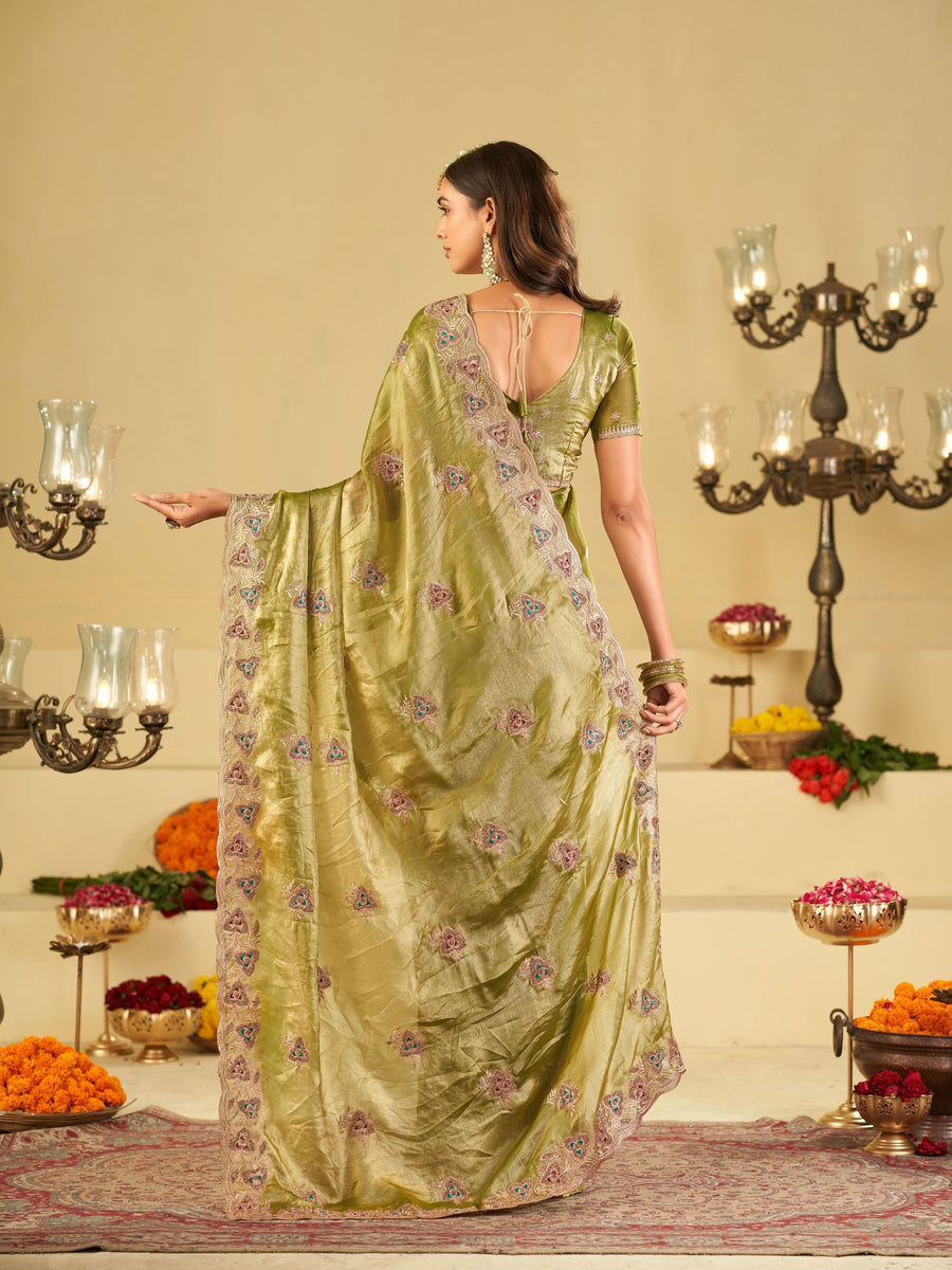 Olive Green Designer Fendy Satin Saree with Heavy Embroidered Border | Festive Party Wear Saree with Intricate Embroidery & Matching Blouse