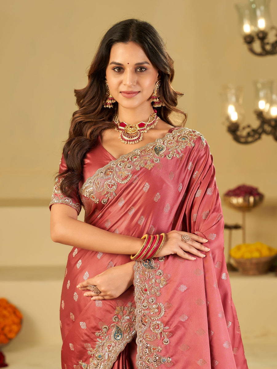 Dusty Rose Banarasi Silk Saree with Heavy Embroidered Border & Rich Zari Woven Pallu | Designer Wedding & Festive Saree