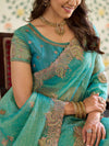 Aqua Green Fendy Satin Embroidered Saree with Paisley Motifs & Zari Border | Designer Festive Saree with Tassels & Heavy Embroidered Blouse