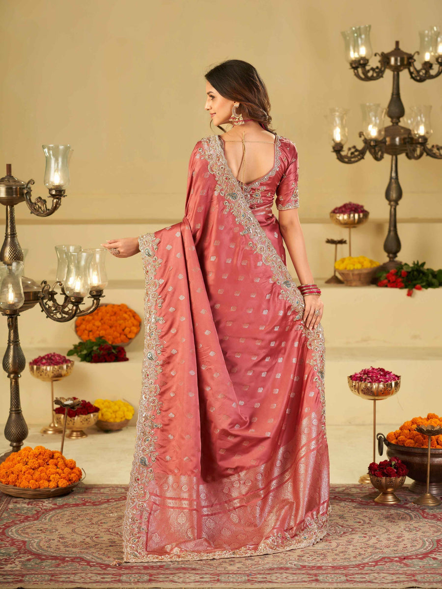 Dusty Rose Banarasi Silk Saree with Heavy Embroidered Border & Rich Zari Woven Pallu | Designer Wedding & Festive Saree