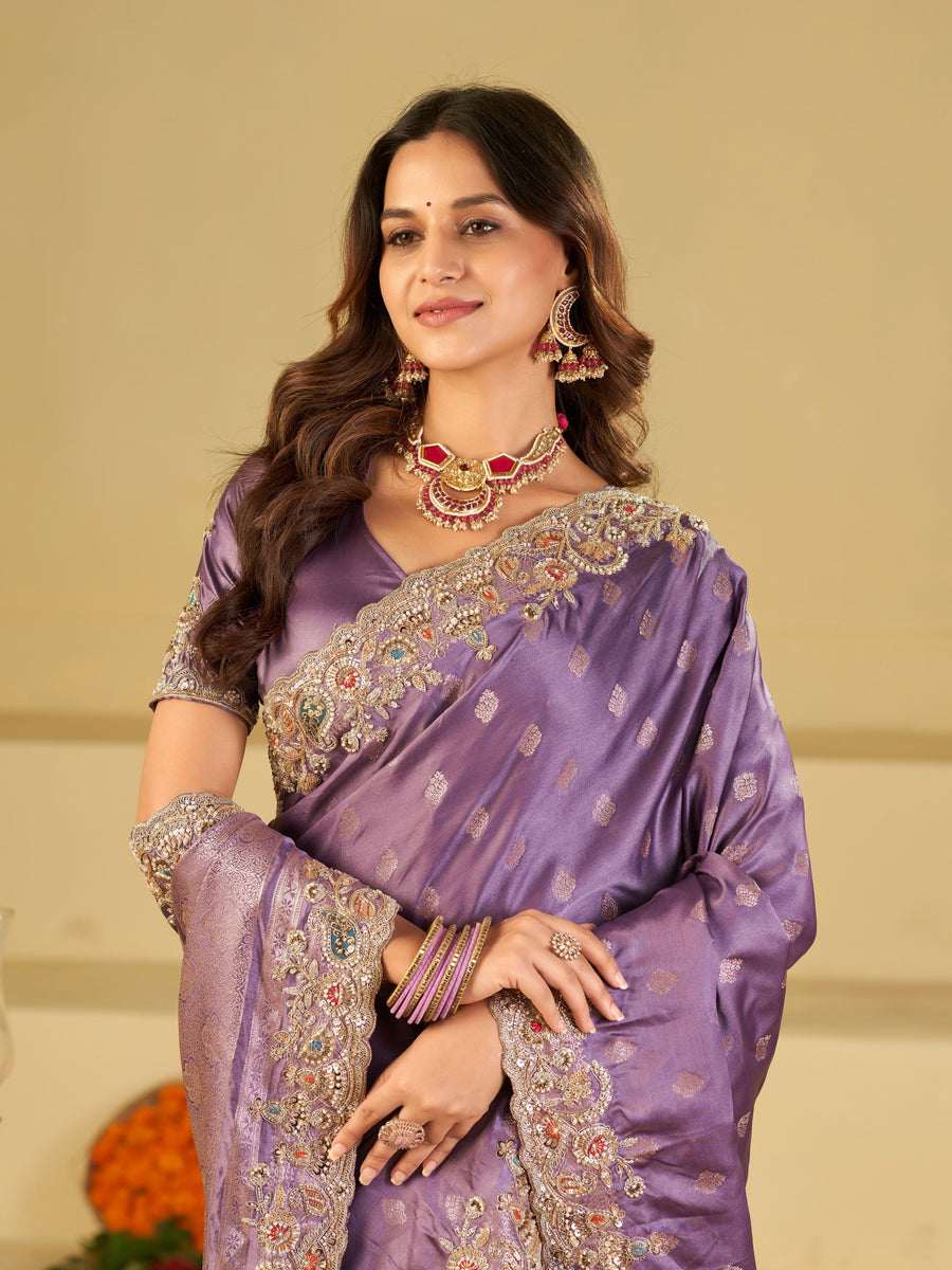 Lavender Purple Banarasi Silk Saree with Heavy Embroidered Border & Rich Zari Woven Pallu | Designer Festive Wedding Saree