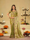 Olive Green Designer Fendy Satin Saree with Embroidered Leaf Motifs & Lace Border | Premium Festive Party Wear Saree with Matching Blouse