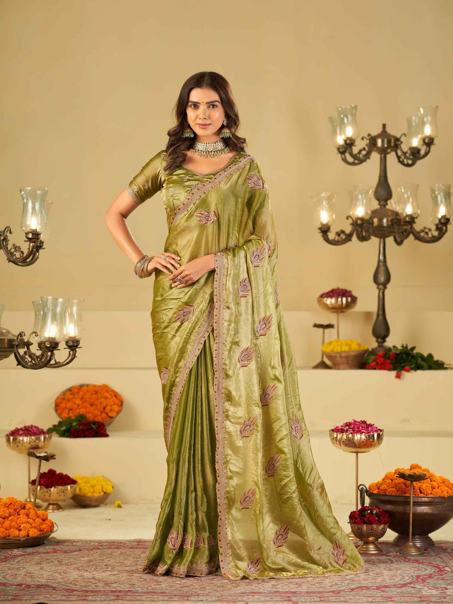 Olive Green Designer Fendy Satin Saree with Embroidered Leaf Motifs & Lace Border | Premium Festive Party Wear Saree with Matching Blouse