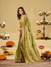 Olive Green Designer Fendy Satin Saree with Embroidered Leaf Motifs & Lace Border | Premium Festive Party Wear Saree with Matching Blouse
