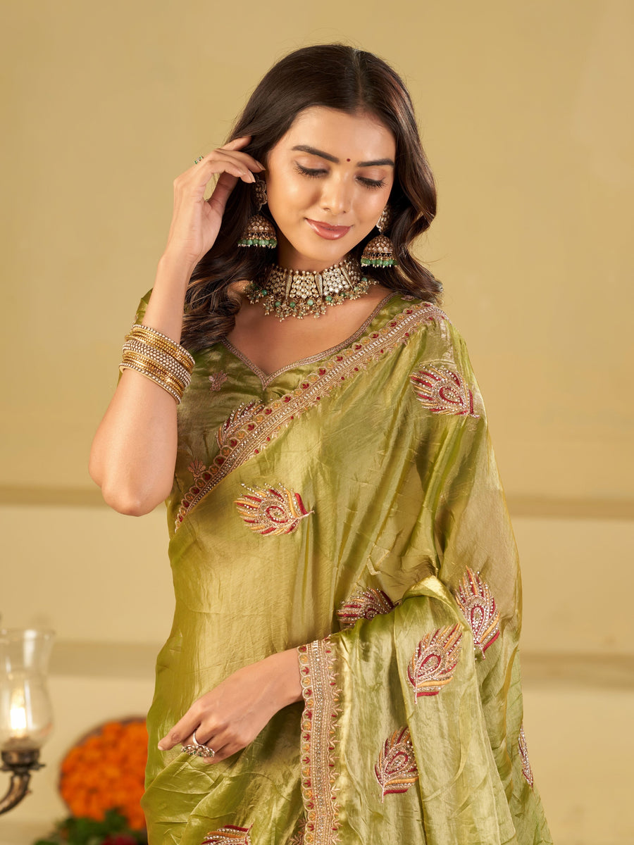 Olive Green Designer Fendy Satin Saree with Embroidered Leaf Motifs & Lace Border | Premium Festive Party Wear Saree with Matching Blouse