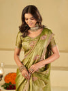Olive Green Designer Fendy Satin Saree with Embroidered Leaf Motifs & Lace Border | Premium Festive Party Wear Saree with Matching Blouse