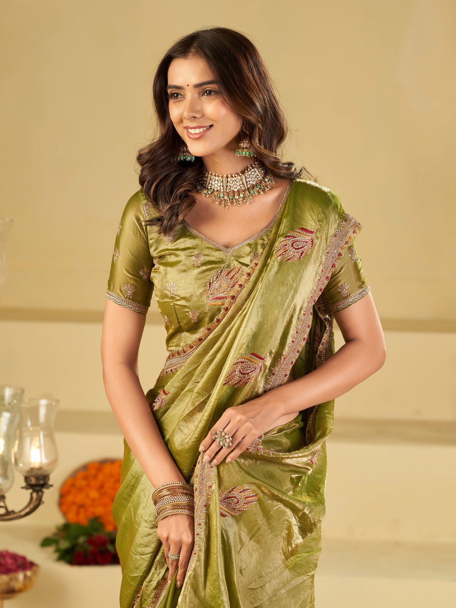 Olive Green Designer Fendy Satin Saree with Embroidered Leaf Motifs & Lace Border | Premium Festive Party Wear Saree with Matching Blouse