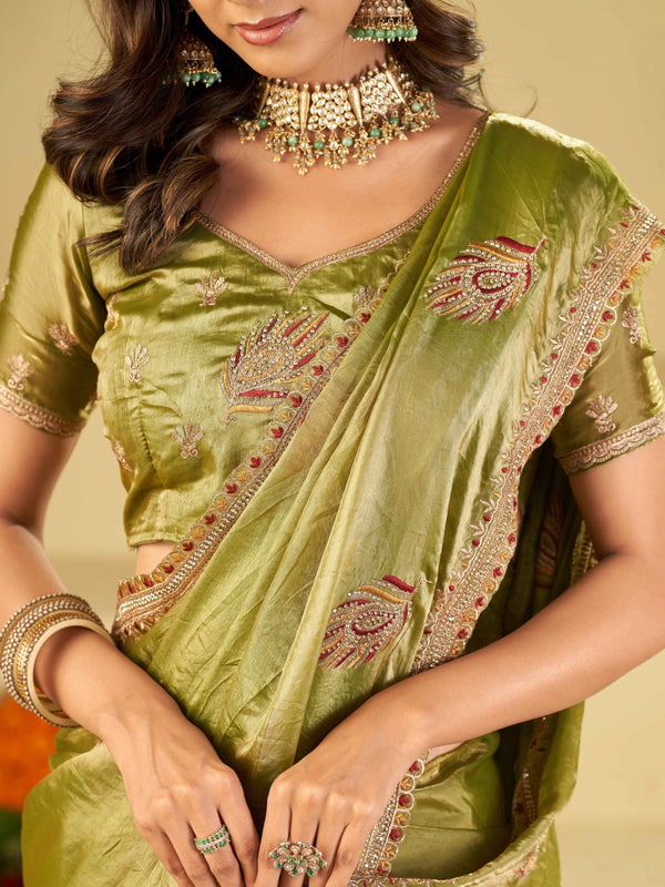 Olive Green Designer Fendy Satin Saree with Embroidered Leaf Motifs & Lace Border | Premium Festive Party Wear Saree with Matching Blouse