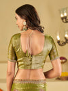 Olive Green Designer Fendy Satin Saree with Embroidered Leaf Motifs & Lace Border | Premium Festive Party Wear Saree with Matching Blouse