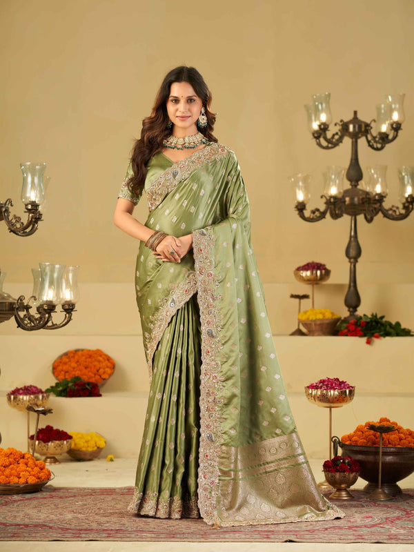 Pista Green Banarasi Silk Saree with Heavy Embroidered Border & Rich Zari Woven Pallu | Designer Festive Wedding Saree